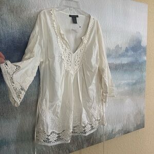 NWT XL Design Works Breezy Crochet Cotton Tunic IVORY
